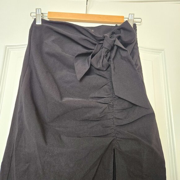 ZARA Black Ruched Midi Skirt with Tie Waist accent & Front Slit size M NWT - Picture 2 of 11